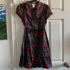 Kensie black red grey print dress puff sleeves M